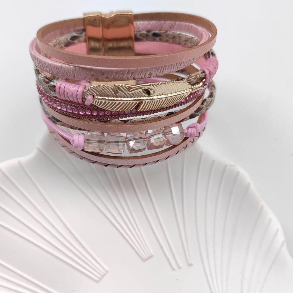 Bohemian Ethnic Crystal Feather Layered Leather Bracelet