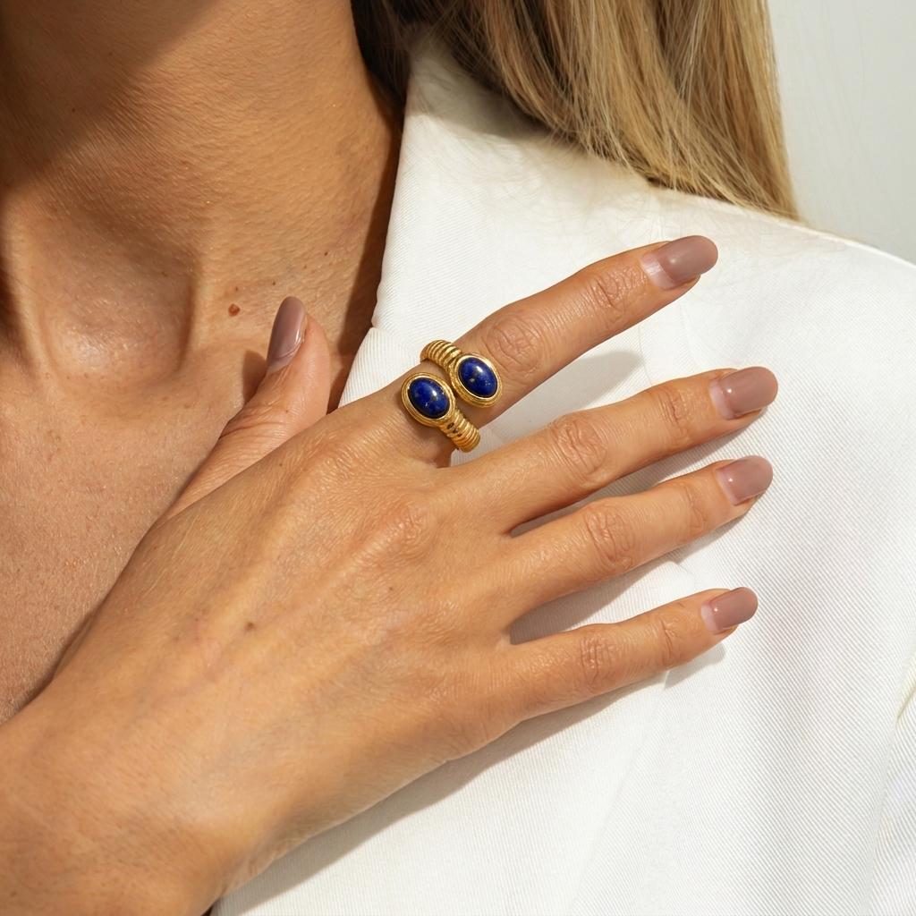 Vintage Natural Stone Stainless Steel Rings for Women Men Trendy Gold Plated Hollow Geometric Ring Finger Accessories Jewelry