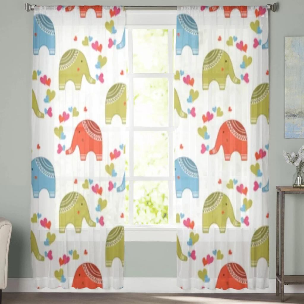 Cute Elephants In Love Pattern Sheer Curtains For Living Room Window Transparent Voile Tulle Curtain Bedroom Drapes Home Decor