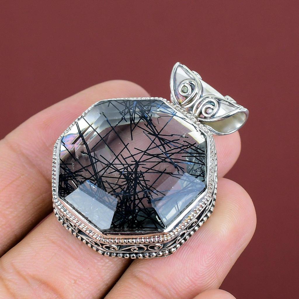 Faceted Black Rutile Pendant Vintage Gemstone Pendant 925 Sterling Silver Pendant Elegant Jewelry Handmade Brand New Pendant Gifts For Wife