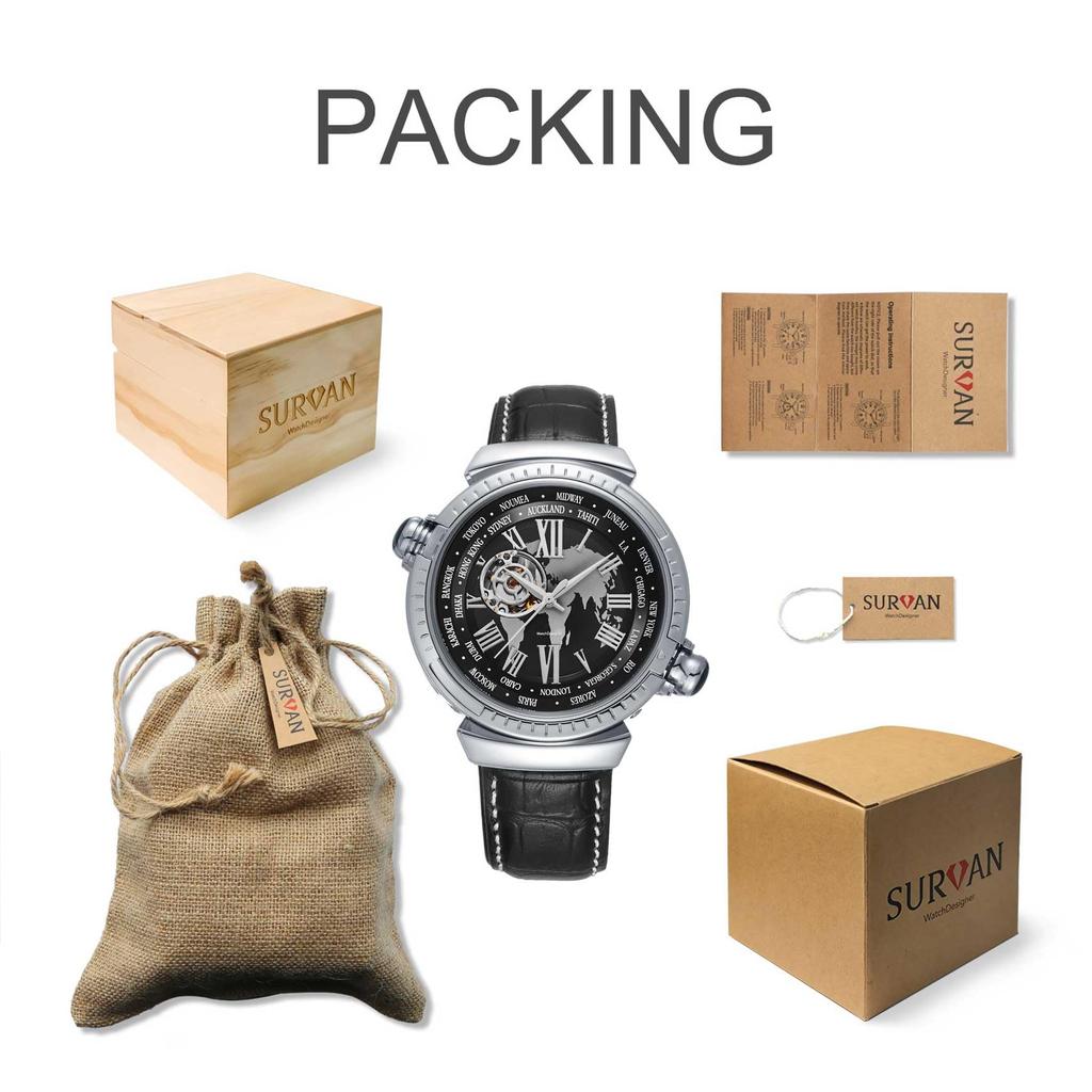 SURVAN WatchDesigner Luxury Hollowout Automatic Mechanical Watch Battery 23K Real Gold Top Leather Design Competition Rose Gold 01 (No Required),