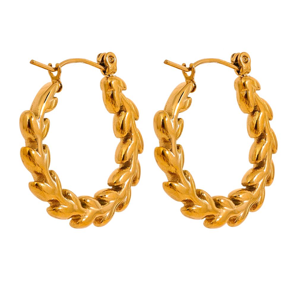 

Yhpup 25mm Stainless Steel Leaf Round Hoop Earrings Waterproof Prevent Allergy Metal Plant Simple Ear Jewelry for Women Gift