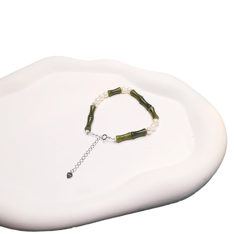 Women's Olive Jade Bamboo Joint Bracelet: Chinese S925 Silver, Natural Pearl, Retro, Versatile Style.