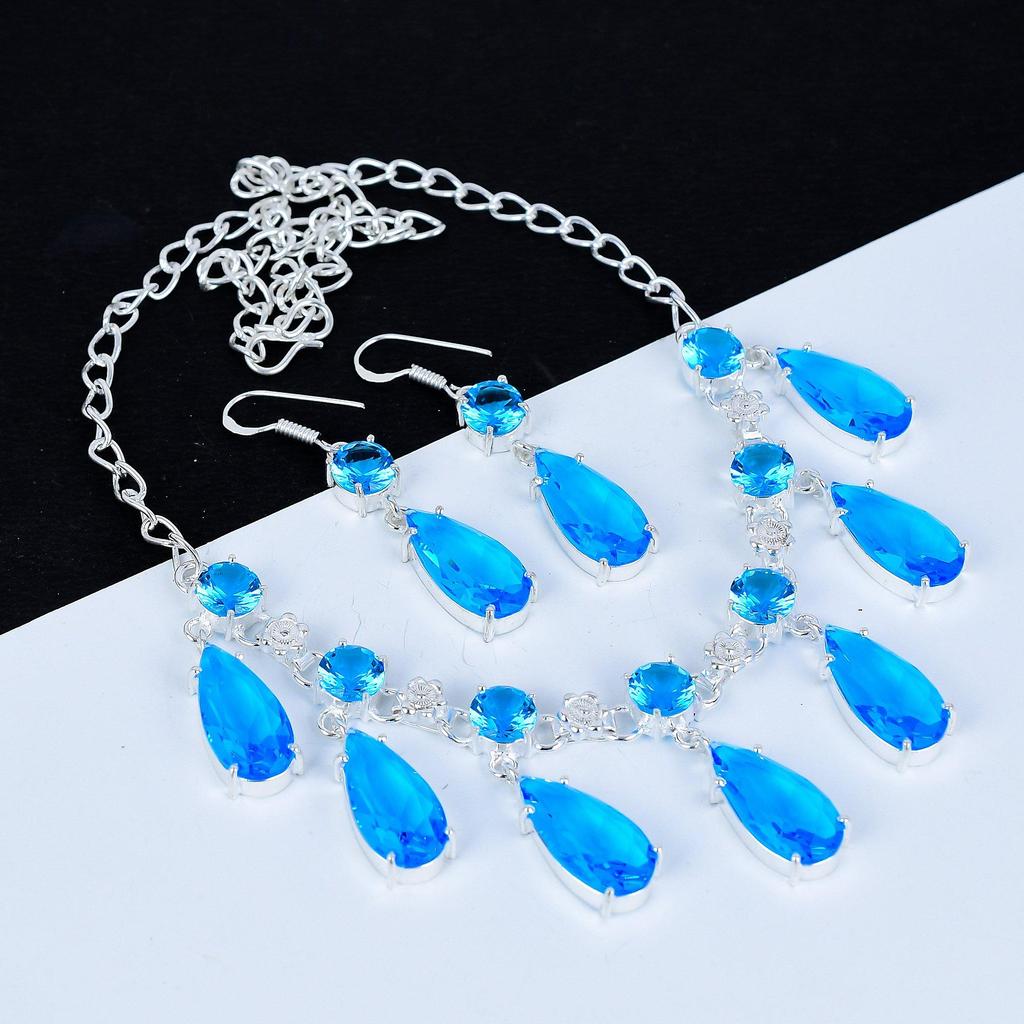 Blue Topaz Necklace Set, Blue Topaz Gemstone Handmade 925 Sterling Silver Blue Topaz Earring Necklace Set For Women Necklace For Gifts Valentine Gifts