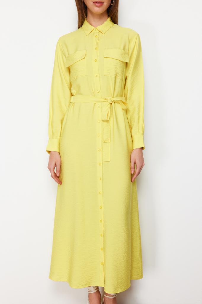 Mode Femme Nouvelle Robe Hijab Cannelle Taille Élastiquée Ceinturée Poches Détail Robe Tissée