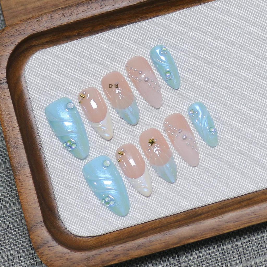 Hot-Selling Transparent Almond Manicure: Ocean Elements Medium-Length Whitening False Nails – Handmade, Detachable & Wearable