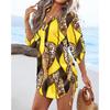 Women's Casual Long-sleeved V-neck Printed Drawstring Short Dress On Both Sides