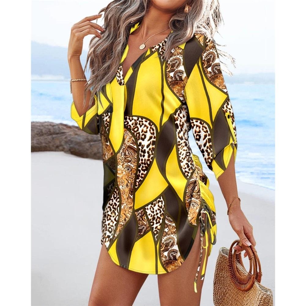 Women's Casual Long-sleeved V-neck Printed Drawstring Short Dress On Both Sides