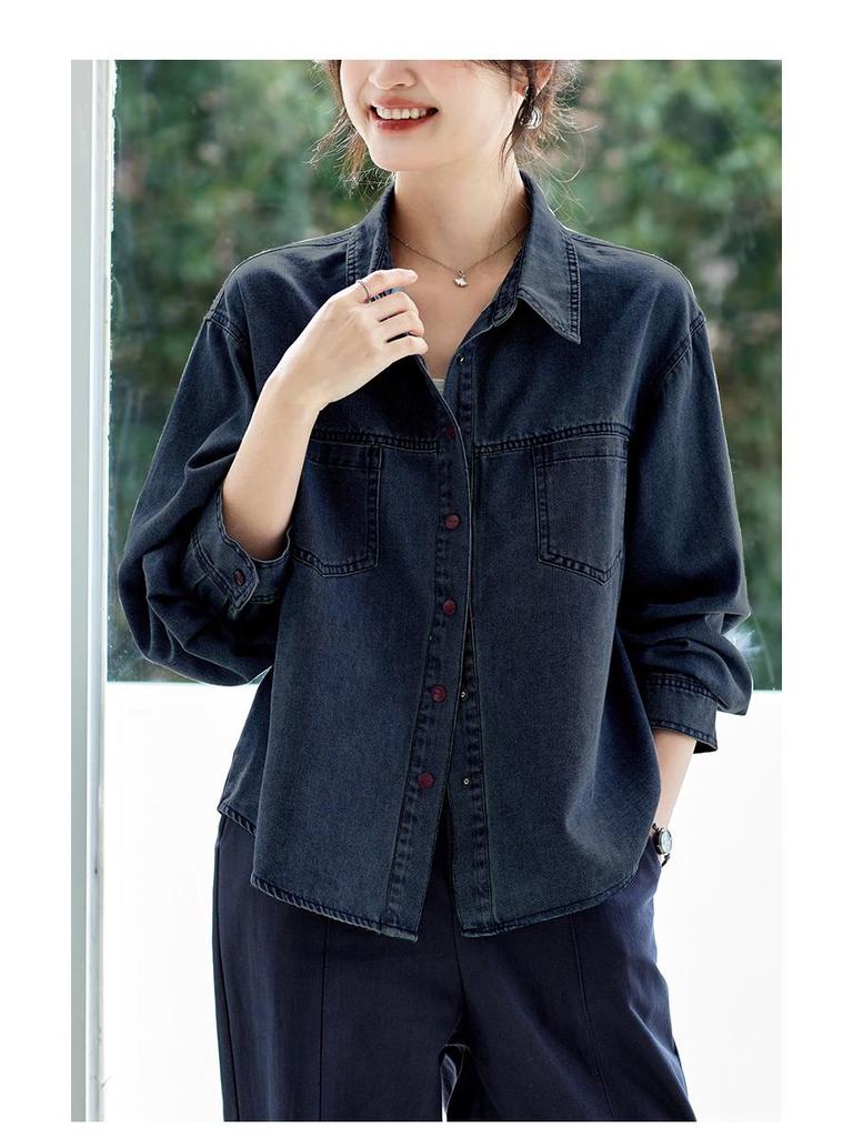Retro Blue Washed Denim Women's Long Sleeve Shirt Jacket - Spring 2026 Fashion