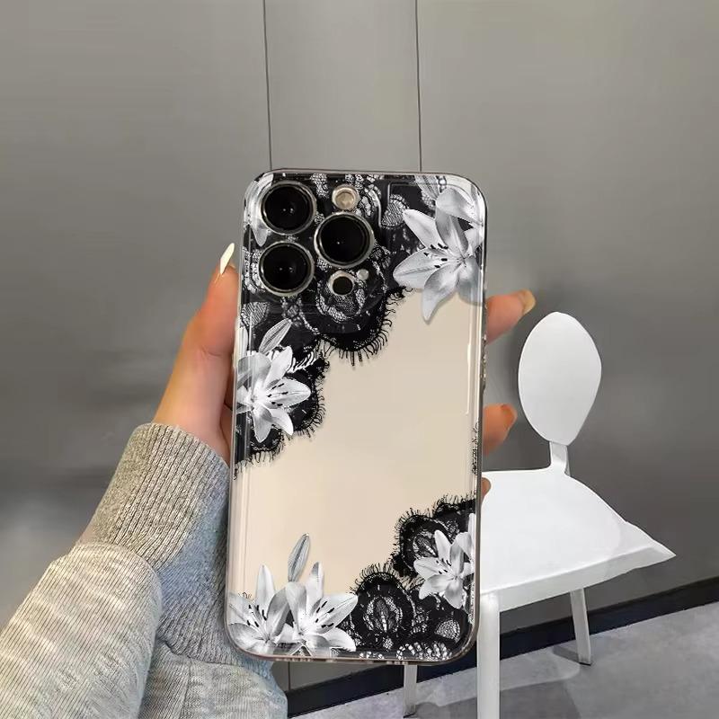 Black Lace White Lily Flower Print Clear Phone Case for iPhone 17 Pro Max 16 15 Pro 14 13 12 11 XR 17Air 16 Plus Silicone Cover