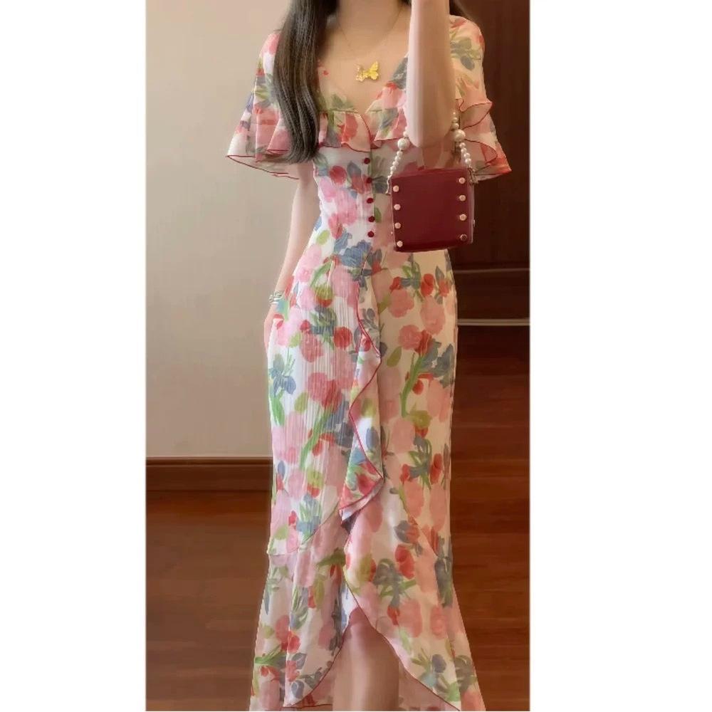 French romantic elegant retro ruffle edge cloak collar floral dress women's summer waist and thin temperament long dress