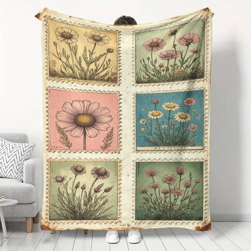 1pc Vintage Floral Stamp Flannel Blanket, American Country Style Botanical Print Throw Blanket, Bedroom Living Room Sofa Decorative Blanket, Warm Nap