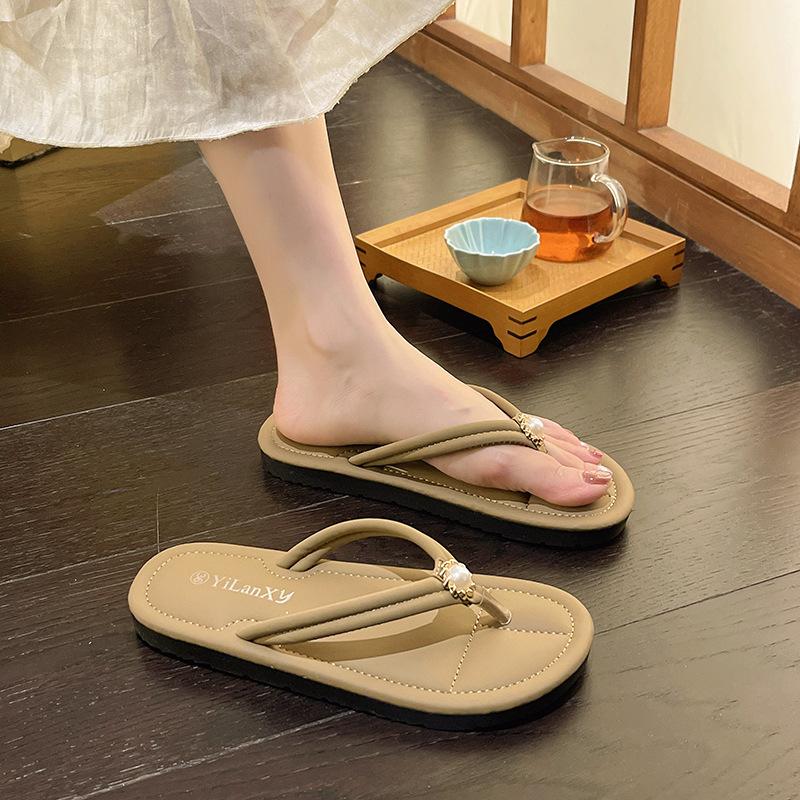 

Модные жемчужные шлепанцы с цветком, женские, на плоской подошве, сандалии-вьетнамки, женские кожаные тапочки с узким ремешком, пляжные шлепанцы, женские домашние тапочки 39 коричневый