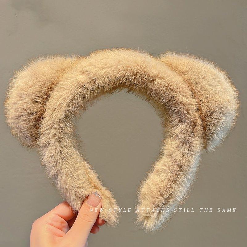Süßes Plüsch-Stirnband mit Bärenohren, breite Krempe, für Damen, perfekt für Herbst und Winter.