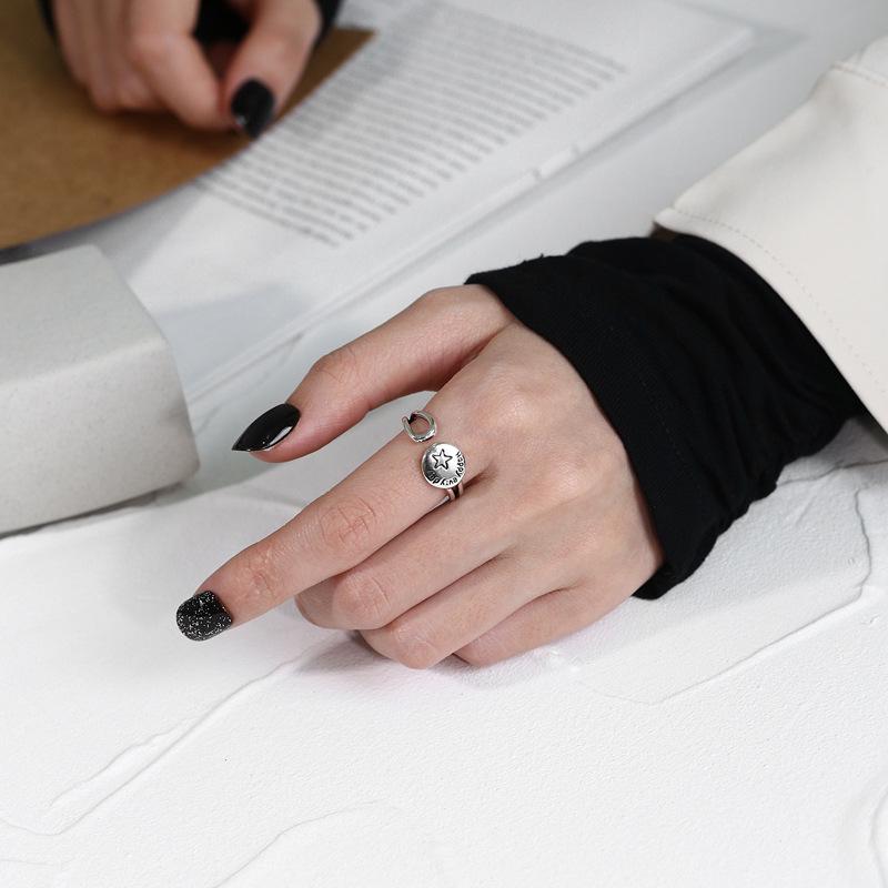 Women's High-end European Style Aged Blackened S925 Sterling Silver Ring with Retro Thai Letter Design