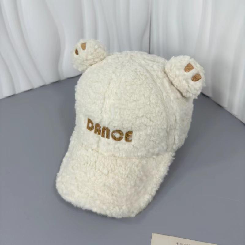 Cozy Plush Bear Ear Baseball Cap for Women - Warm, Embroidered Letter Design, Perfect for Outdoor Activities & Casual Wear