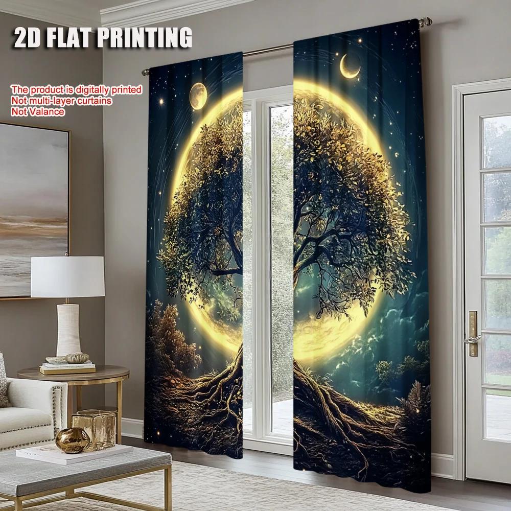 2Pcs Coastal Forest Tree Print Curtains Rod Hole Design For Kitchen Living Room Office Bedroom Home Decor Sun Privacy
