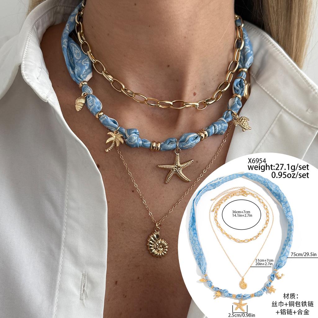 1SET European and American vacation ins shell starfish silk scarf stacked necklace, niche exotic love flower item jewelry women