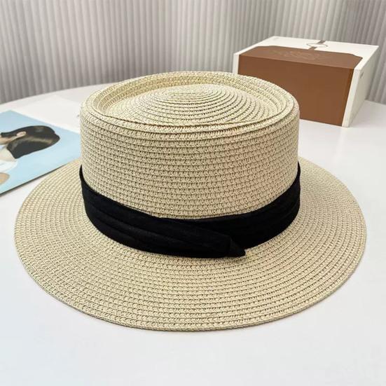 Flat Straw Hat Natural Straw Weaving Wide Brim Sun Hat Summer Beach Sun Protection Hat with Ribbon Bow
