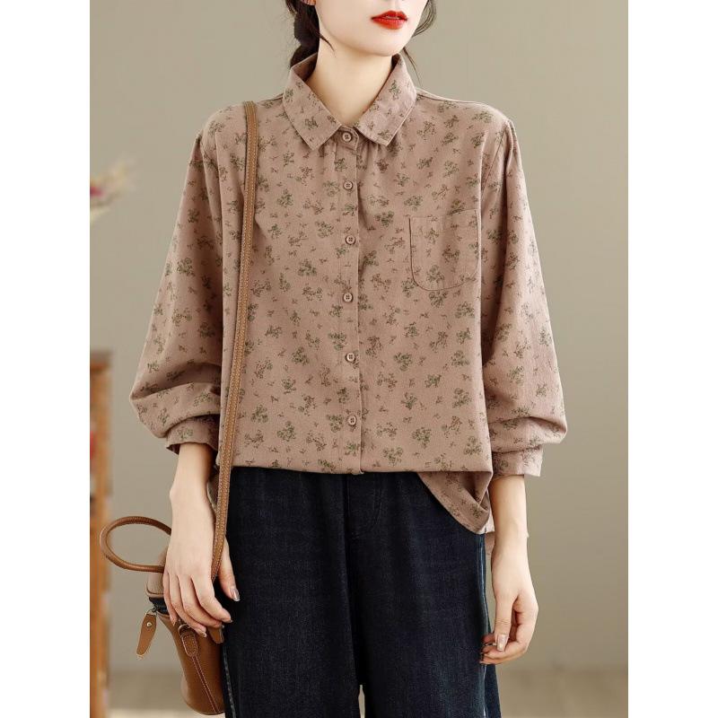 Women's Long Sleeve Retro Floral Cotton Shirt - Loose Fit, Slimming Temperament, Thickened Base Layer