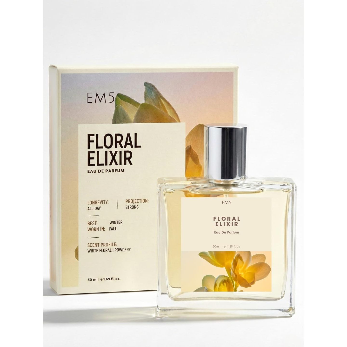 

EM5 Floral Elixir Perfume for Women | White Floral, Powdery Fragrance | Long Lasting Scent | Premium Gift for Her 50ML