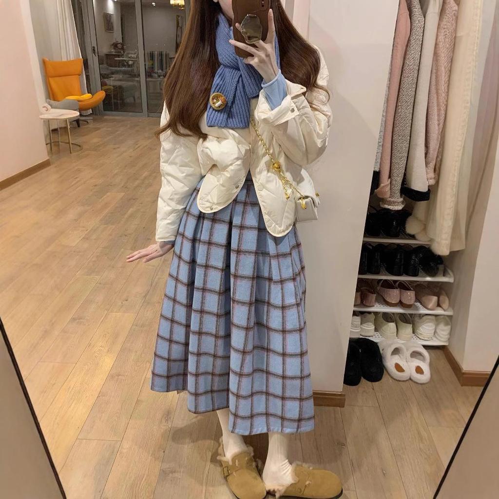 Women's Elegant High-Waist Blue Plaid A-Line Skirt - Retro Academy Style for Autumn/Winter