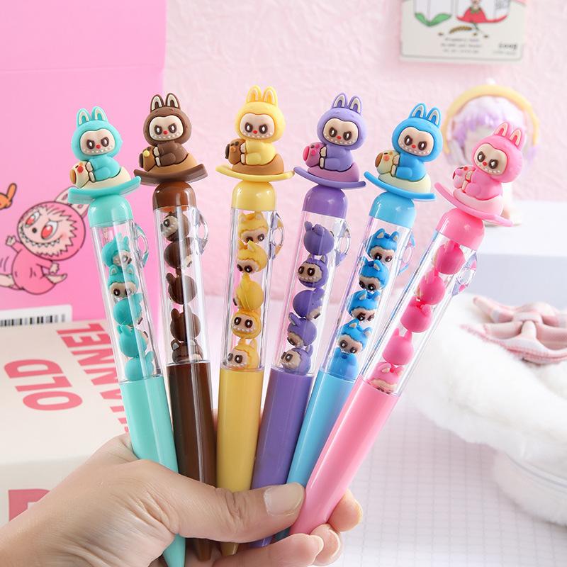 2Pcs Cute Labubu Gel Pen Cute Cartoon Diy Bead Neutral Pen Student Writing Pen Stationery Christmas Gift Student Stationery