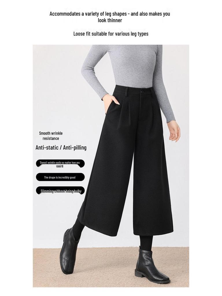 Women's Plus Size Dark Grey Wool-Blend Straight Leg Cropped Pants - Loose, Casual, Petite, Thickened for Spring & Autumn