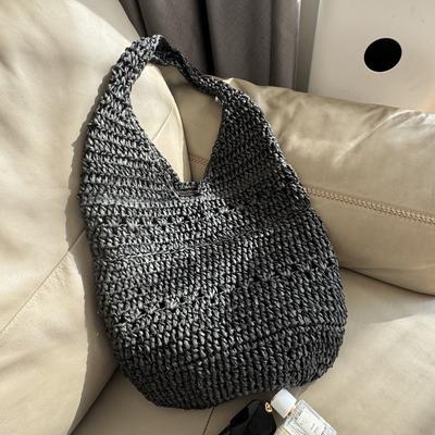Böhmische gewebte Strandtasche Papierseil Stroh Umhängetasche Sommer Häkeltasche Halbmond Shopper Tasche Reise Weiche Hobo-Taschen