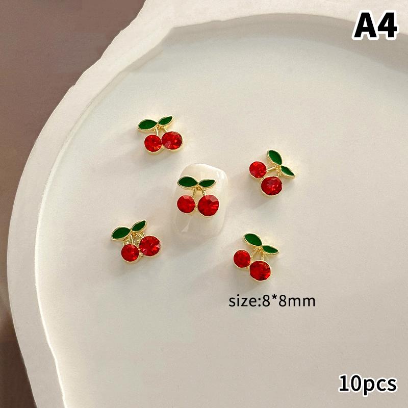 10 Pcs Cherry Nail Rhinestone 3D Cherry Charm Red Fruit Diamond Crystal Jewelry Y2K Alloy Nail Gems For Women Manicure
