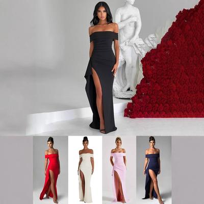 European and American Women's Clothing Spring Sexy One-word Shoulder Temperament Elegant Party Dress Split Dress