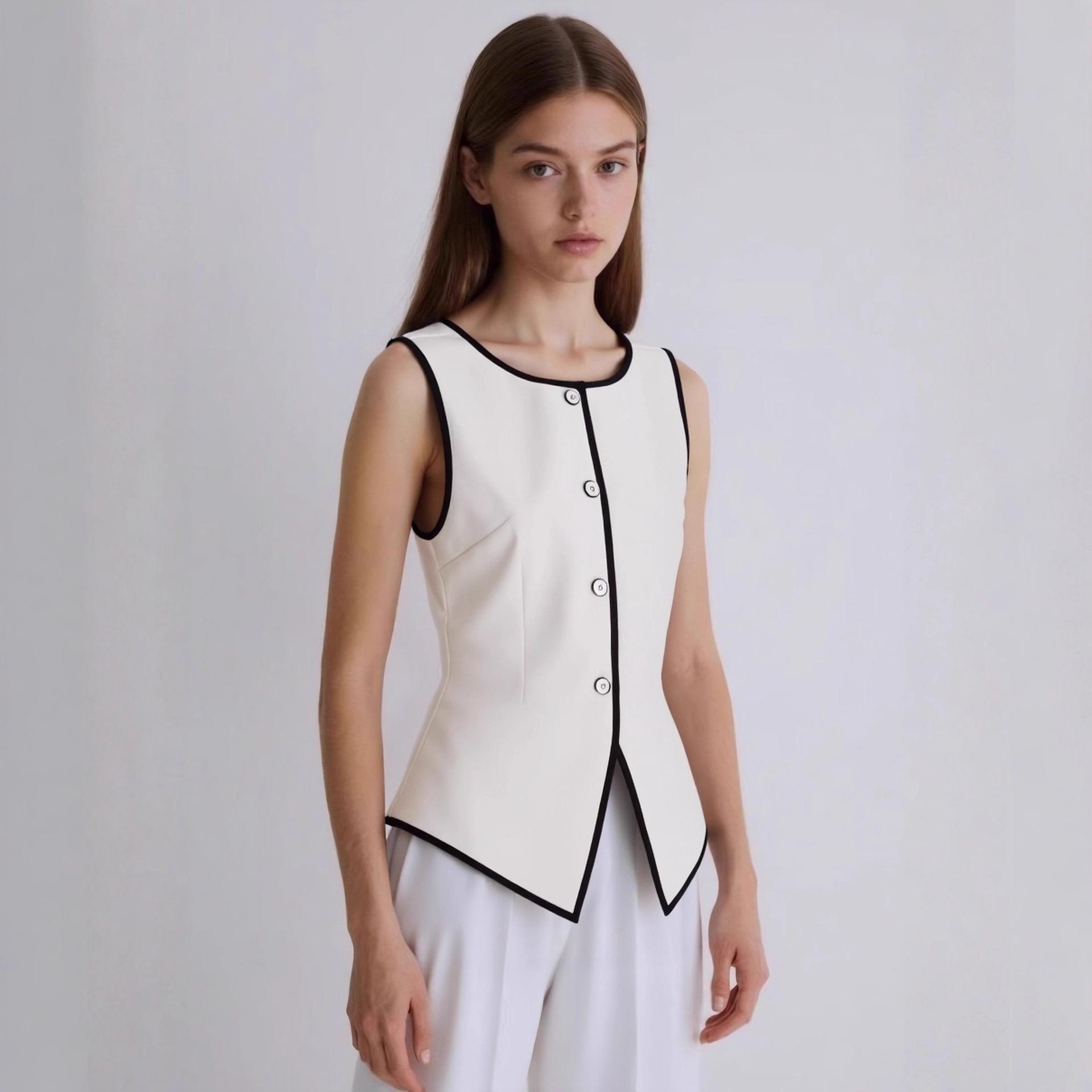 Women s European and American Spring/Summer Women s Plus Size Women s Round Neck Sleeveless Cardigan with Button Design Solid-Color Vest european and american size s