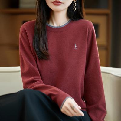 New Autumn and Winter Letter-embroidered Women's Casual, Simple and Slimming Knitted Sweater, Color-blocked Round-neck Soft and Soft Base Sweater