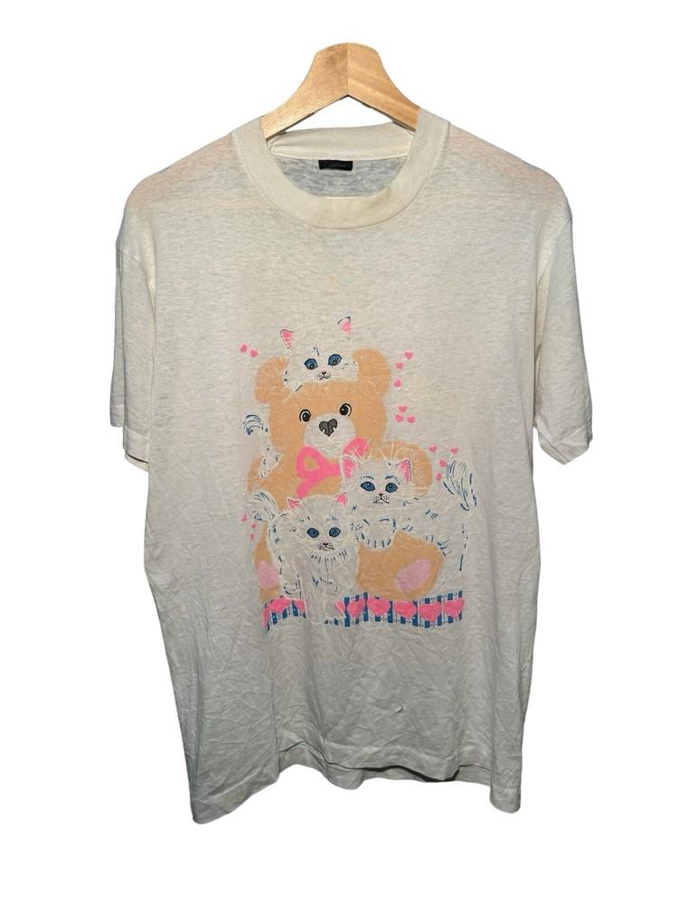 Vintage 80s Teddy Bear Kittens T-Shirt White Sz L Very Thin Single Stitch USA Unisex T-Shirt L