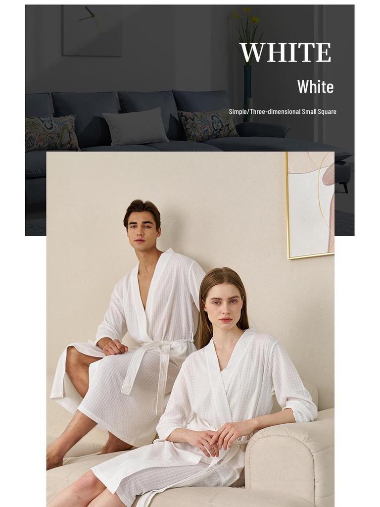 Women's Plus Size Quick-Dry Black Waffle Bathrobe with Three-Quarter Sleeves - Summer Thin