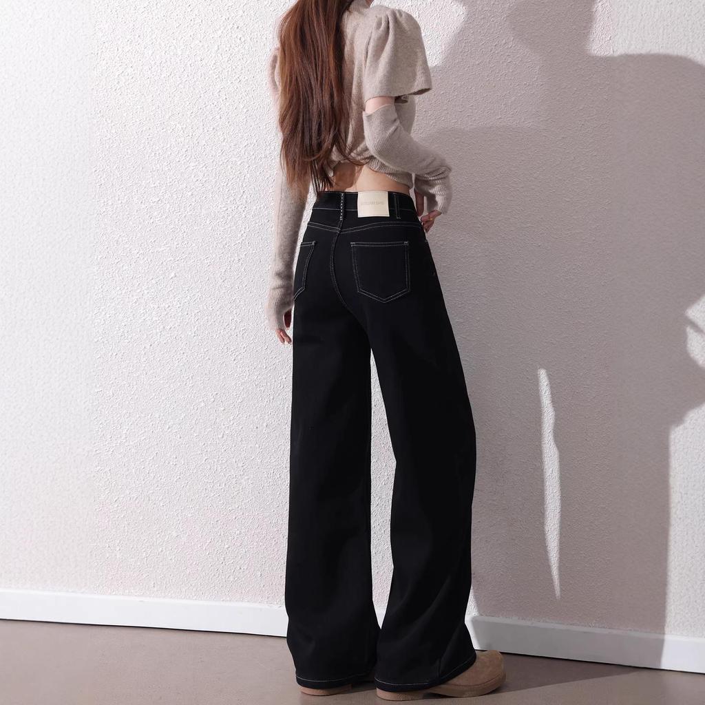 Women's Black Retro High Waist Straight Leg Jeans, Spring/Autumn 2026 Style, Petite Wide Leg Pants