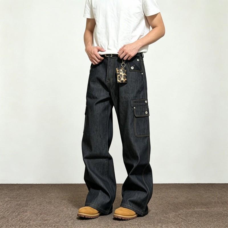 Mens Relaxed Fit Straight Leg Jeans With Multi-Pocket Deconstructed Design Washed Cotton Streetwear Style
