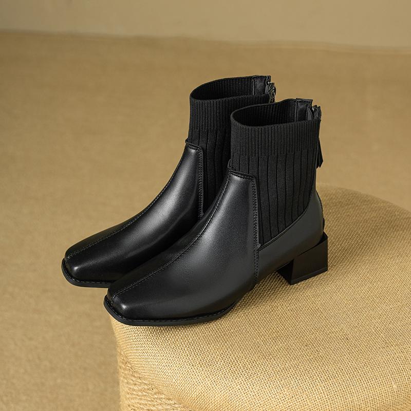 Autumn Winter Women Thick Heel Ankle Boots Fashion Leather Knitted Combination Shoes Square Toe Modern Short Botas Para Mujer