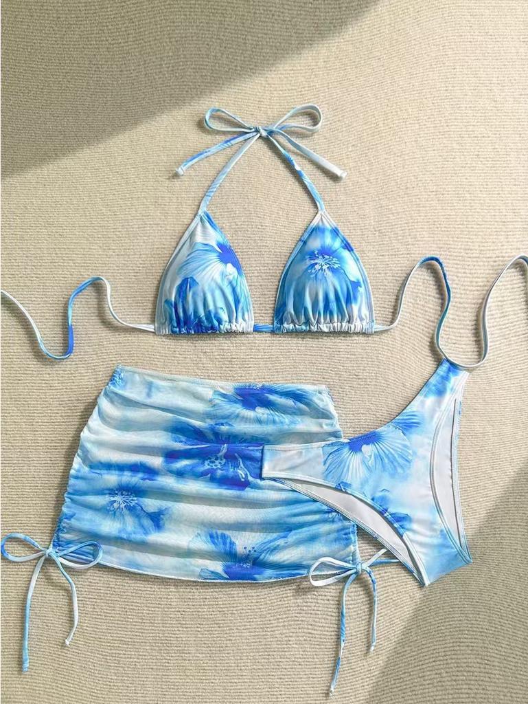New printed split swimsuit three-piece women's blouse bikini sexy neck strap swimsuit