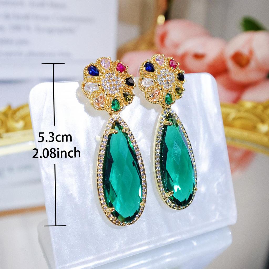 WWJ Unique Sense Of Plant Flower Design Long Light Green Pendant Earrings Heavy Industry Zircon Ladies Party Jewelry