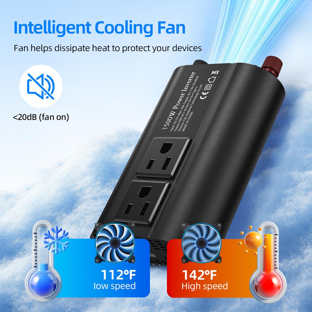 1500W Solar Inverter with LCD display,DC 12V To AC 110V  USB Type-C Portable Power Bank, Car Converter Vehicle-mounted Inverter