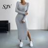 Comfortable Casual Dresses Women Round Neck Knitted Dress, Long Sleeve Pullover Sweater Winter Wear Solid Color Stretchy Split Bodycon Dress