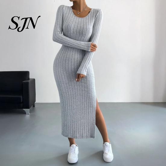 Comfortable Casual Dresses Women Round Neck Knitted Dress, Long Sleeve Pullover Sweater Winter Wear Solid Color Stretchy Split Bodycon Dress