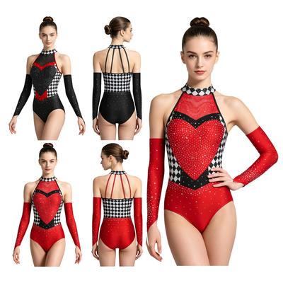 Womens Clown Circus Cosplay Bodysuit Gloves Set Checkerboard Rhinestones Backless Halter Leotard
