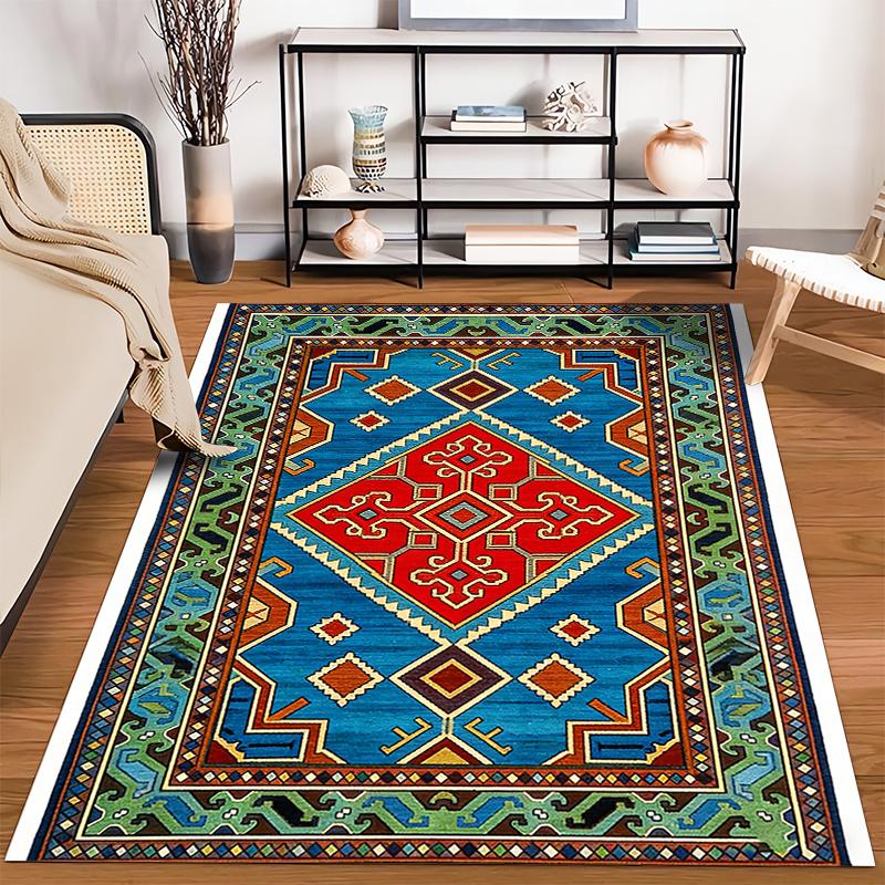 Traditional Geometric Tribal Pattern Carpet with Blue and Red Design Suitable for use as an anti-slip for living room bedroom sofas