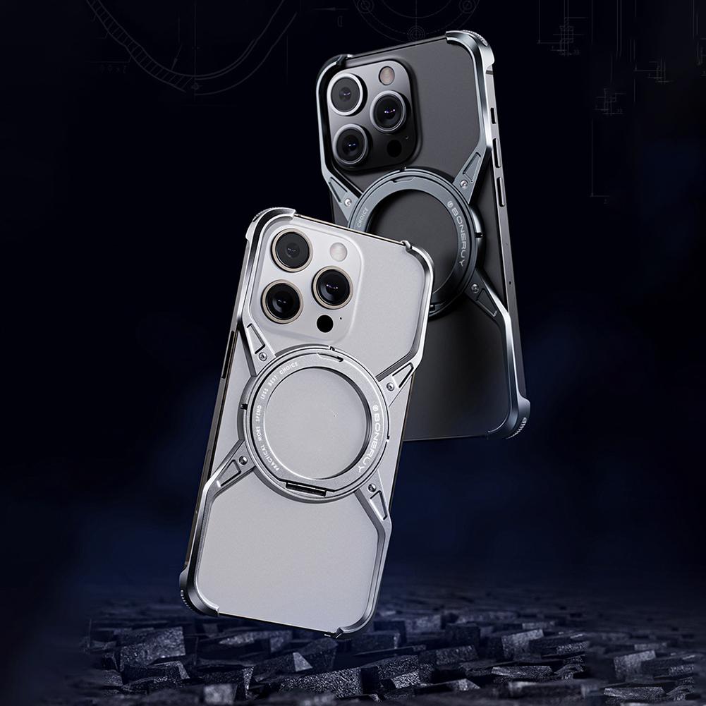 Metal Aluminium Alloy Magnetic Frameless Phone Case Bumper Shockproof Cover 360° Stand for iPhone 14 13 15 Pro Max