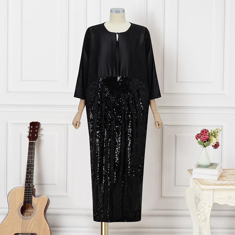Oversized Women 3/4 Sleeve Glitter Sequin Patchwork Casual Baggy Maxi Kaftan Dress