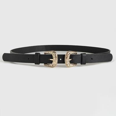 Women's Double Buckle Carved Buckle Head Thin and Versatile Women's Imitation Leather Western Style Fashion Women's Belt Retro Carved Belt