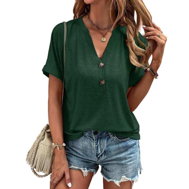 QICED Women's Fashion Casual Solid Color Print Short Sleeve V Neck Blouses & Shirts