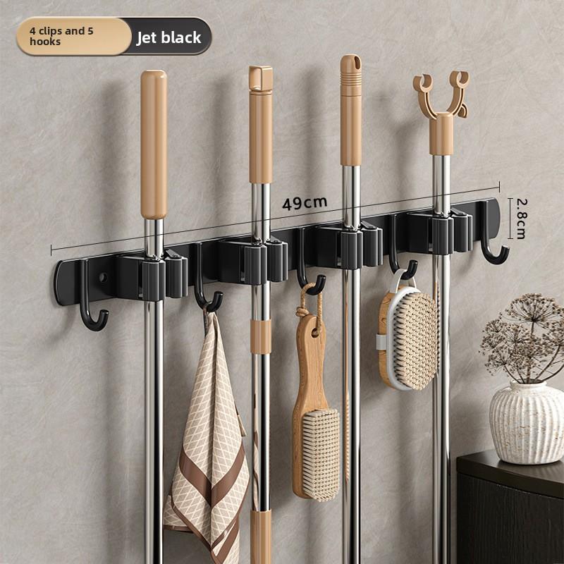 

Stainless Steel Broom Mop Holder Wall Mount Heavy Duty Organizer 4 Racks 5 Hooks Non-slip Garage Garden Tool Storage чёрный